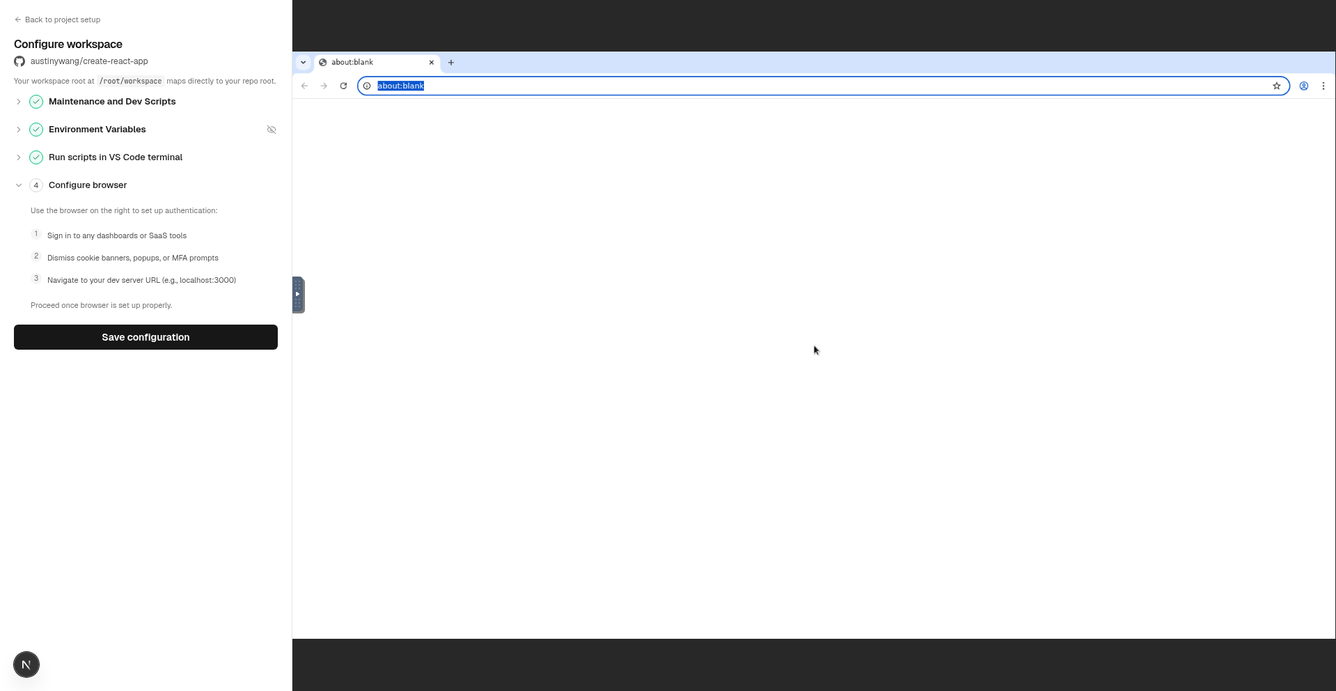 Full page view of workspace configuration at step 4 showing sidebar and browser VNC iframe on the right