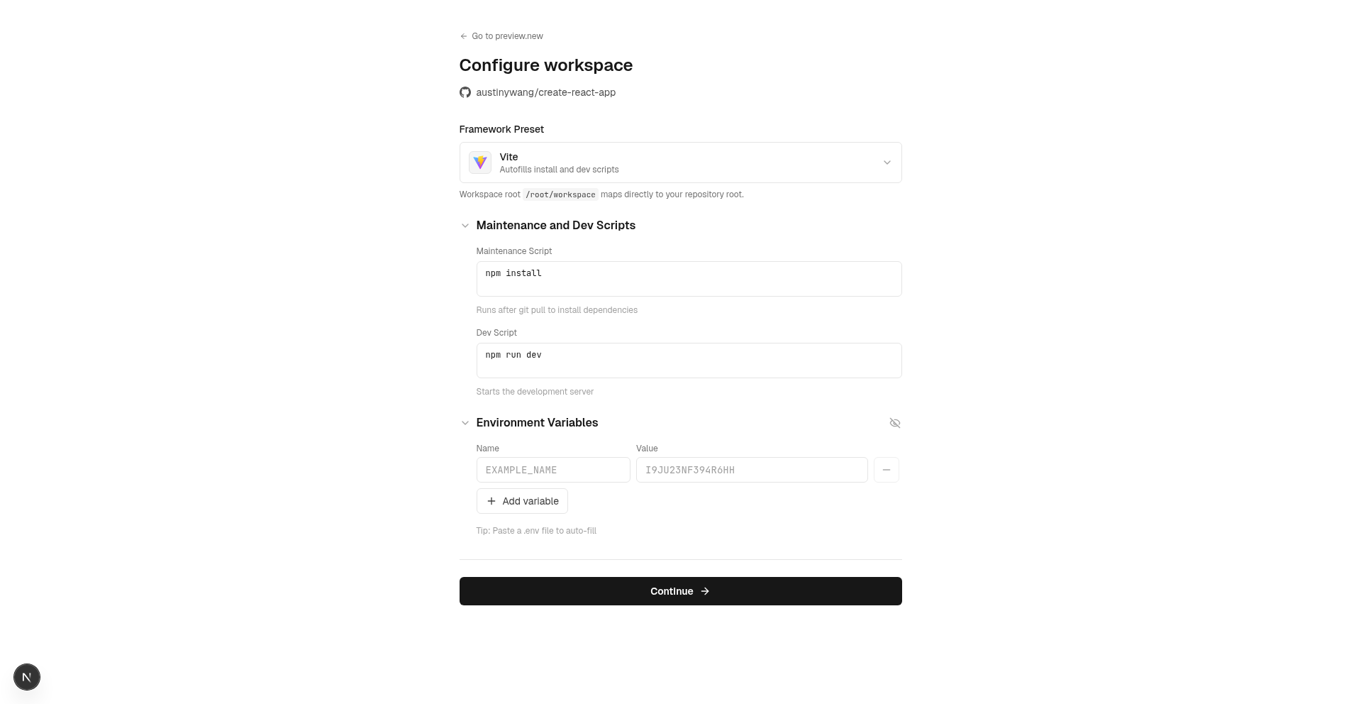 Full page view after clicking back button, returning to the initial setup layout