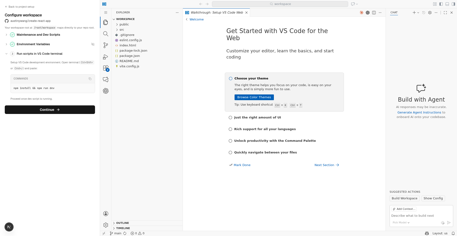 Full page view of workspace configuration showing sidebar with step-by-step wizard (step 3 active) and VS Code iframe embedded on the right